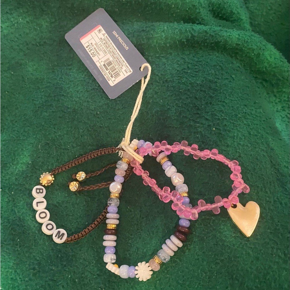 Semi Precious Beaded Bracelet Set of 3 – Bloom, Pink Heart, Pastel Beads NWT - Picture 1 of 4